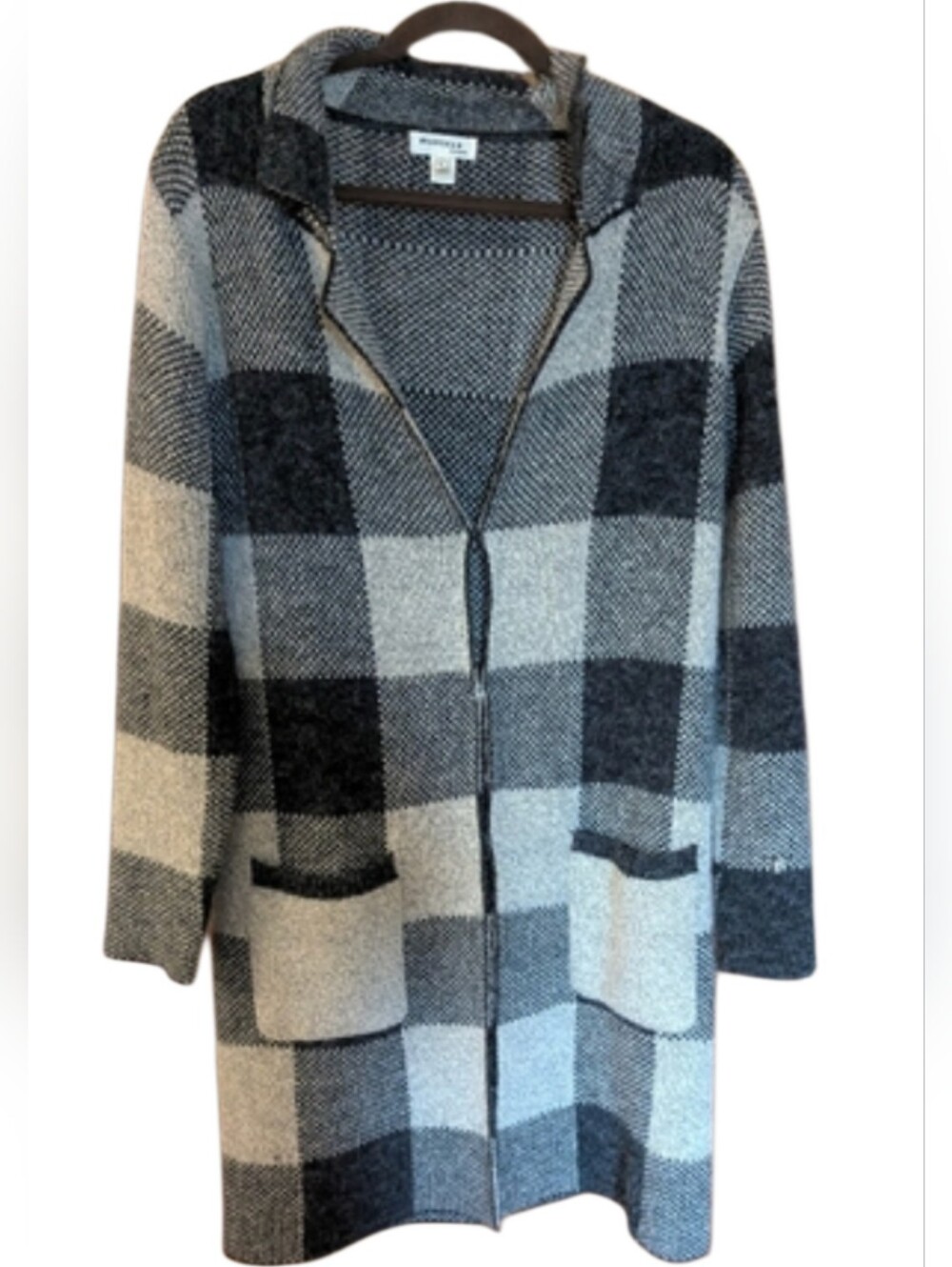 Monteau Black and Gray Plaid Cardigan/ Sweater Jacket. Perfect For Fall & Winter